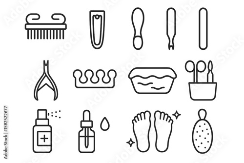 Grooming tools outline set with comb, nail clipper, files, and lotion bottle