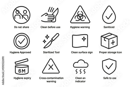 Hygiene warning and safety sign icons in monochrome style