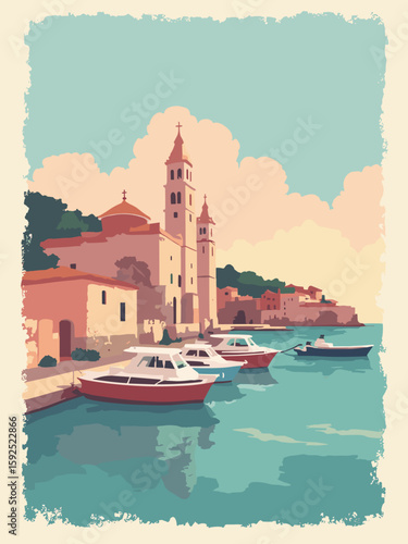 Molfetta, Italy – seafront cathedral and harbor boats in limestone, sea teal, clay red, and dawn pink
