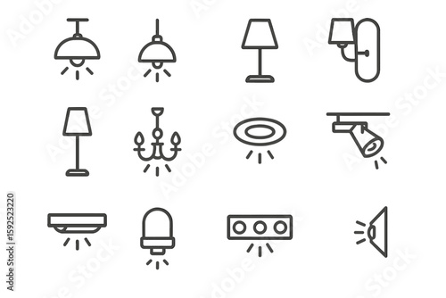 Collection of minimalist lighting icons: lamps, chandeliers, spotlights, and more