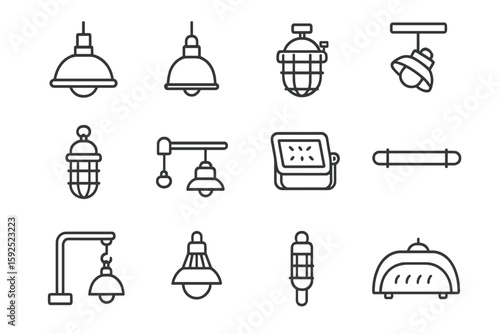 Collection of minimalist industrial light fixture icons on gray background