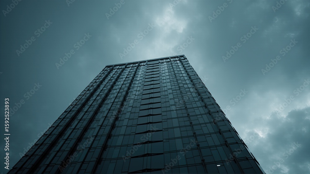 Fototapeta premium A low-angle shot of a modern glass skyscraper under a cloudy sky evokes urban density.
