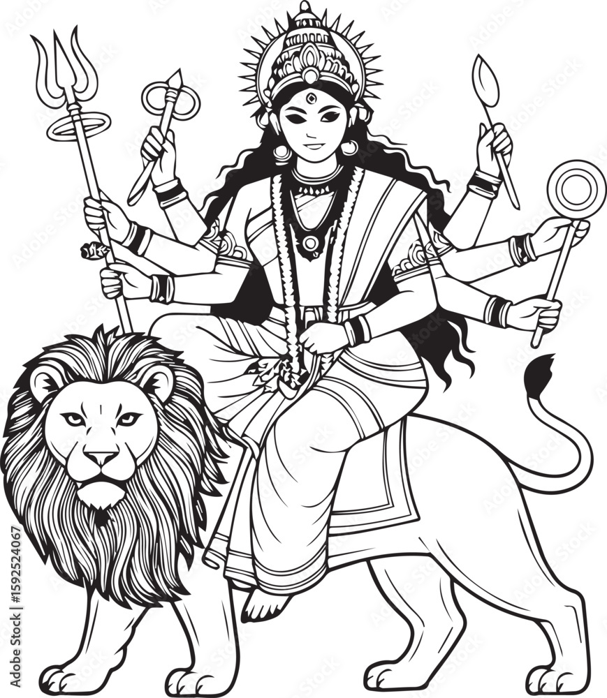 Fototapeta premium Vector Illustration of Goddess Durga with Lion and Weapons - Hindu Devi Art