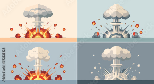 Four variations of a nuclear explosion, presented as flat vector illustrations against different pastel backgrounds, evoking a sense of retro design and modern conflict.
