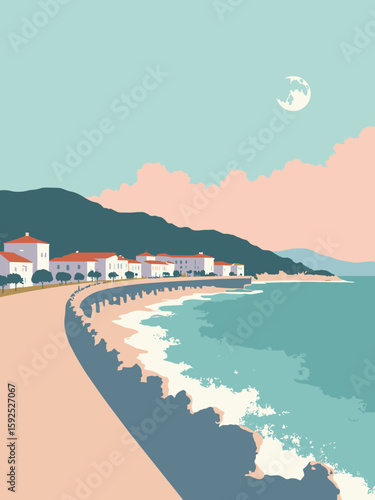 Reggio Calabria, Italy – Lungomare promenade and Ionian Sea in soft teal, white, and twilight pink