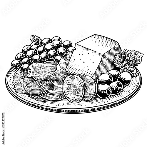 Charcuterie platter with meat, cheese, grapes, and olives  