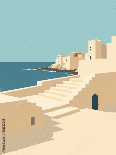 Cagliari, Italy – Bastione di Saint Remy stairs and ocean vista in warm ivory, cobalt, and sand