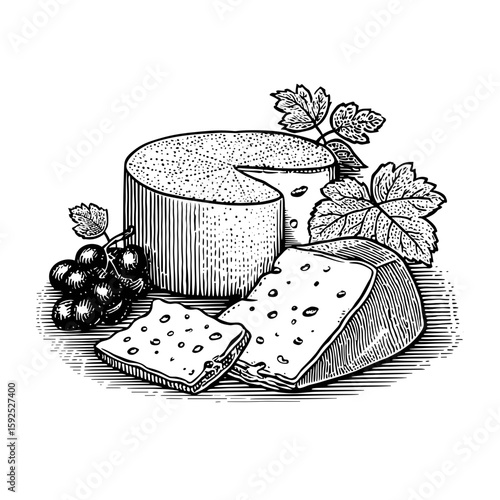 Cheese plate with wedges and grapes