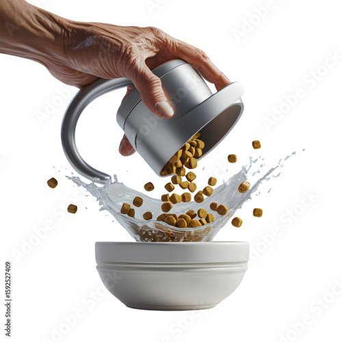 Wallpaper Mural Feeding the Pet: A human hand pouring food into a bowl, splashing and showing a perfect scene for a pet's meal. This image focuses on pet nutrition and feeding. Torontodigital.ca