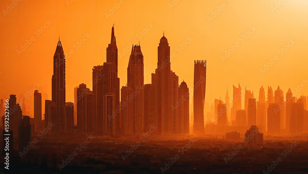 Fototapeta premium City skyline at sunset, silhouettes of tall buildings