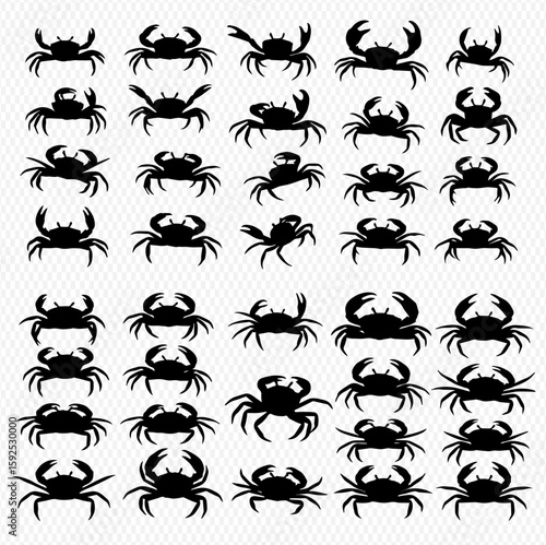 A collection of crab silhouettes arranged in rows and columns, showcasing various poses and perspectives of the crustacean.