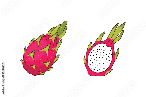 Two vibrant dragon fruits, one whole and the other sliced, showing the interior.