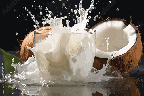 Coconuts watercolor sketch. Fresh Cocos nuts and leaves colorful watercolor paint isolated on BLACK background, coconut ingredients painted drawing, coco color vector illustration