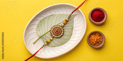 Traditional Rakhi Thali Mockup Featuring Diya Sweets Rakhi Bracelet and Kumkum Bowls
