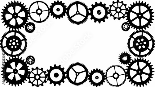 Black and white frame made of gears and cogs in various sizes and designs arranged around a blank space