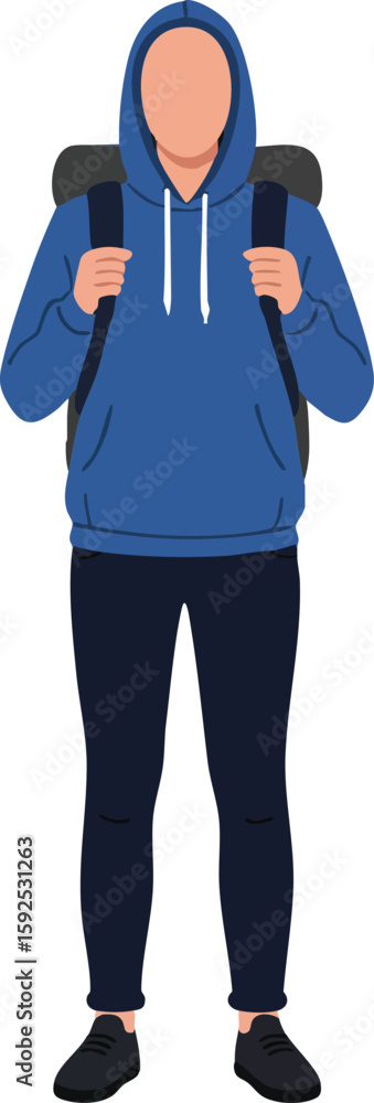 Fototapeta premium Young man in blue hoodie with backpack standing front view casual urban style vector illustration 
