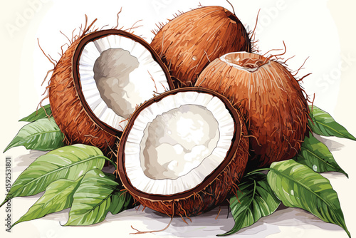 Coconuts watercolor sketch. Fresh Cocos nuts and leaves colorful watercolor paint isolated on white background, coconut ingredients painted drawing, coco color vector illustration