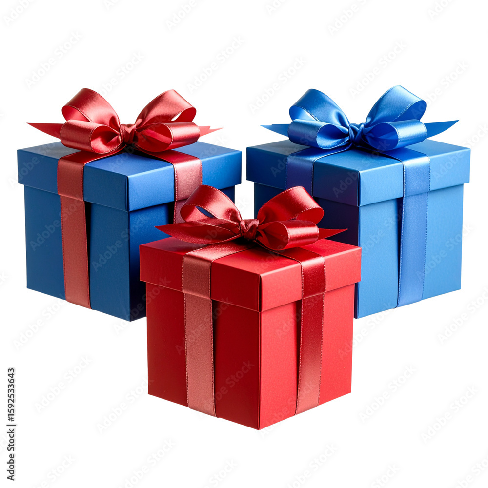 Fototapeta premium Stacked Gift Boxes with Red and White Ribbons, Floating Composition, Transparent Background