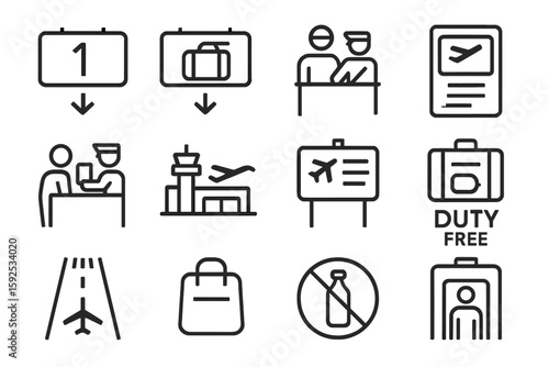 Airport icons set featuring travel, security, and duty-free symbols