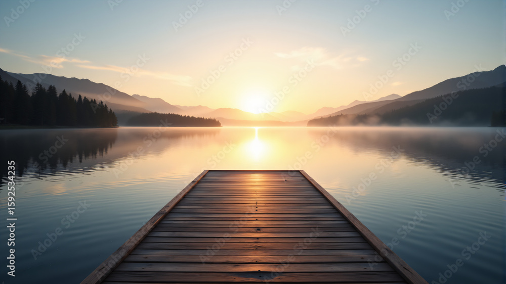 Obraz premium Serene Sunrise Over Calm Lake with Dock