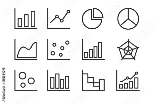 Set of various graph and chart icons on dark background