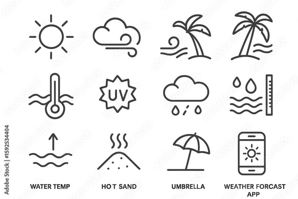 Fototapeta premium Weather icons set with sun, cloud, thermometer, umbrella, and smartphone