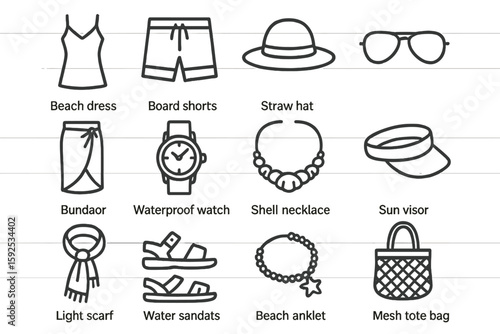 Summer beach accessories: dress, shorts, hat, watch, necklace, bag
