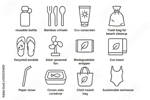 Eco-friendly beach essentials icons set for a sustainable lifestyle