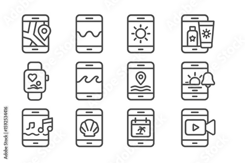 Set of mobile app icons in gray with travel and entertainment themes