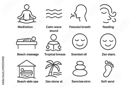 Vector icons illustrating relaxation activities for stress relief and wellness