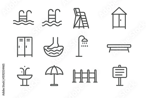 Swimming pool icon set: shower, ladder, umbrella, bench, fence, locker