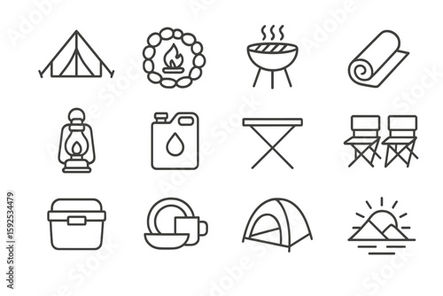 Camping essentials icons: tent, grill, lantern, and more outdoor gear