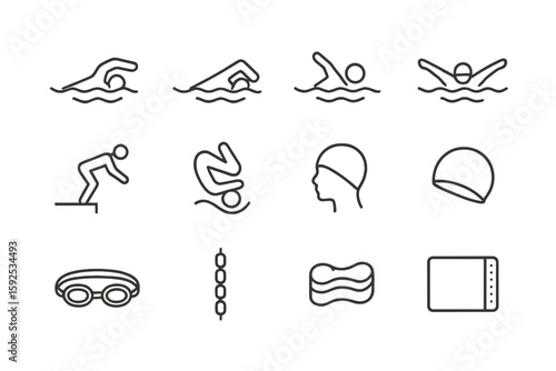Swimming icon set featuring strokes and gear in simple line design