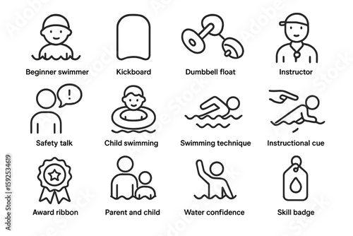 Beginner swimming icons featuring techniques and safety tips