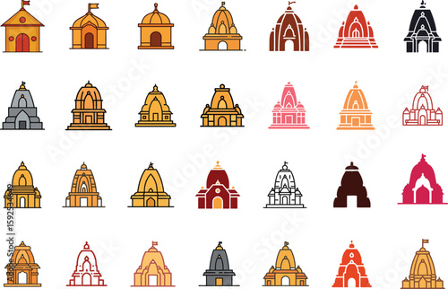Hindu Temple Icon Set  Colorful and Outline Vector Collection of Indian Temple Silhouettes .