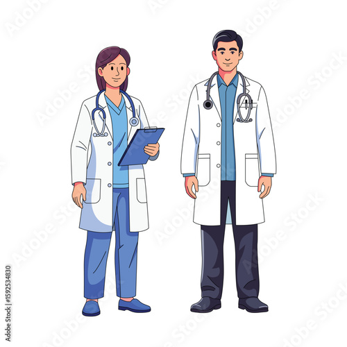 Two medical professionals, a man and woman, stand side-by-side, ready to assist.