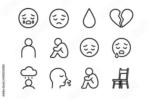 Emotional icons: crying, sadness, and loneliness symbols on dark background