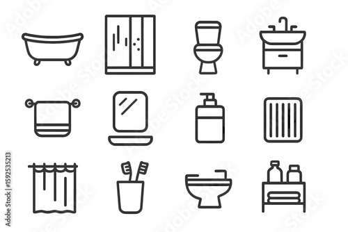 Bathroom icon set: bath, shower, toilet, sink, mirror, towel, soap dispenser