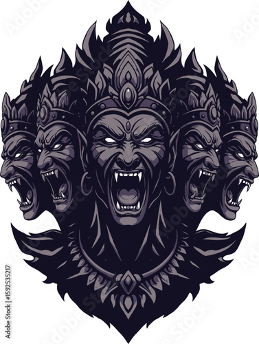 Dark Vector Illustration of Ravana's Ten Fierce Demon Heads Gothic Style Hindu Mythology Artwork .