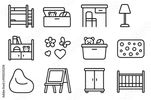 Children's room essentials: bed, desk, lamp, decor, toy storage, bean bag