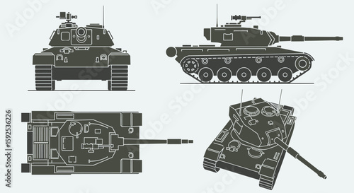 Detailed technical illustration of a tank from various angles, showcasing its design and construction on a clean, light background for military or engineering purposes.