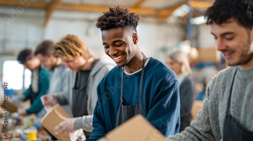 Diverse group of young adults volunteering at community food bank