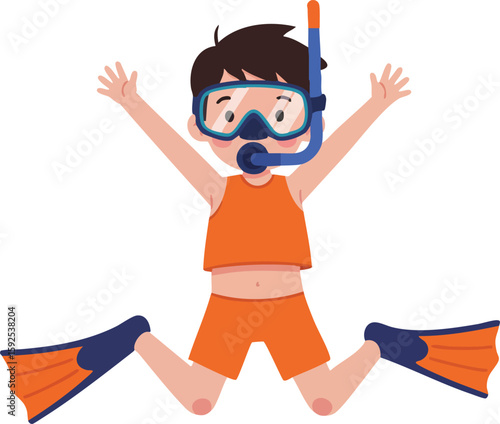 Boy wearing snorkeling gear including mask snorkel and flippers jumping in water illustration vector 