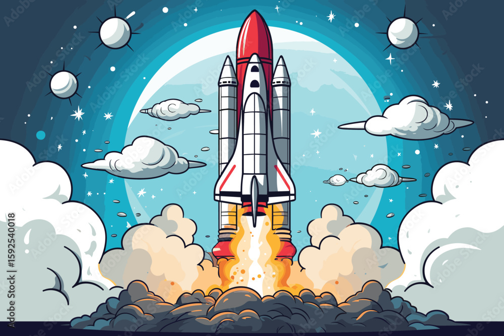 Naklejka premium Space ship Rocket launch in the sky flying over clouds flat color vector illustration