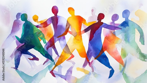 Abstract watercolor painting of a group of people moving