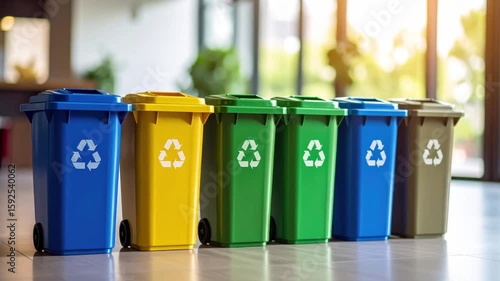 Recycling containers arranged in a colorful row