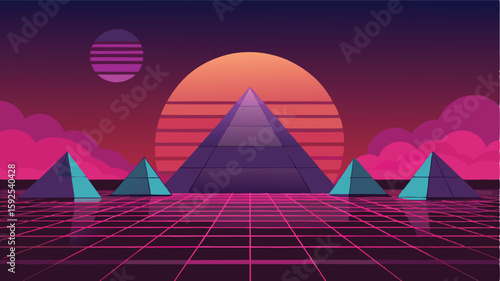 vector illustration of sci fi landscape with mirrored pyramids