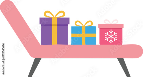 Modern pink chaise lounge with colorful wrapped gift boxes for holiday decoration vector illustration 