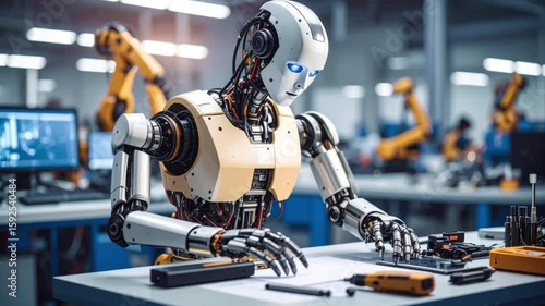Conceptual-looking robot disassembled on engineering bench