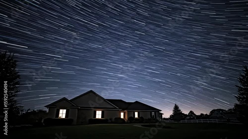 Suburban home glows warmly against the dark twilight sky, a peaceful residential scene showcasing neighborhood life and architecture.